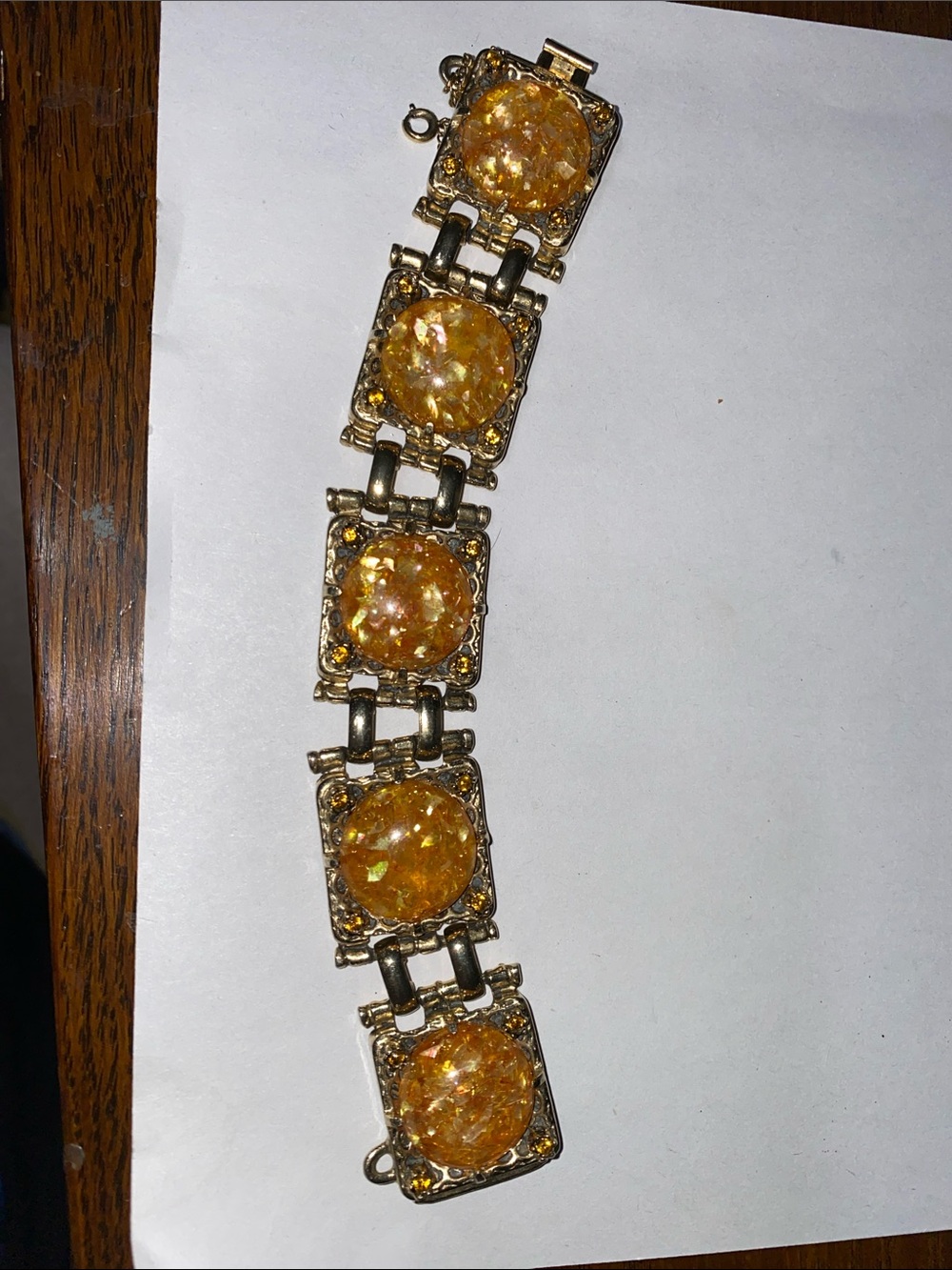 Gold tone & amber confetti chunky panel bracelet 7 1/4”
